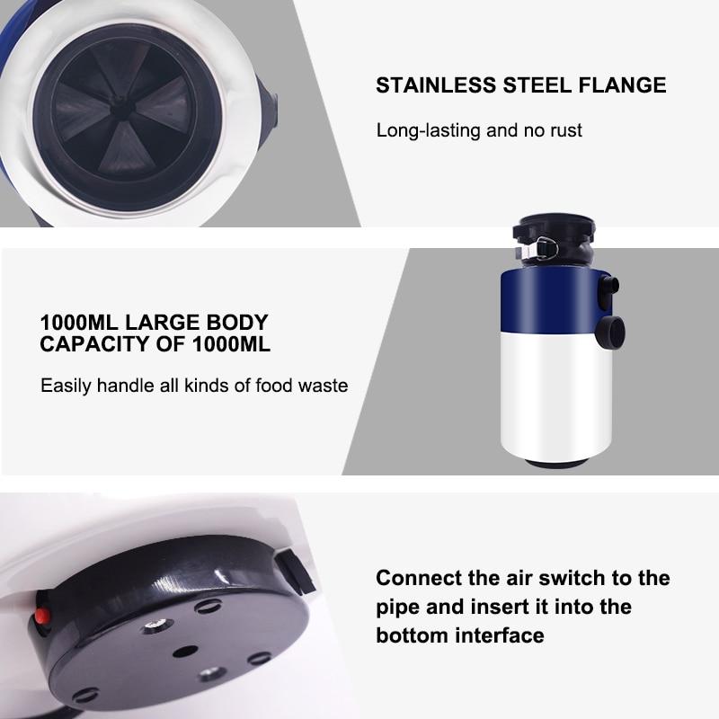 220V Household Food Waste Disposers with Air Switch Kitchen Garbage Disposal 1000ml Food Crusher Stainless Steel Grinder 560W