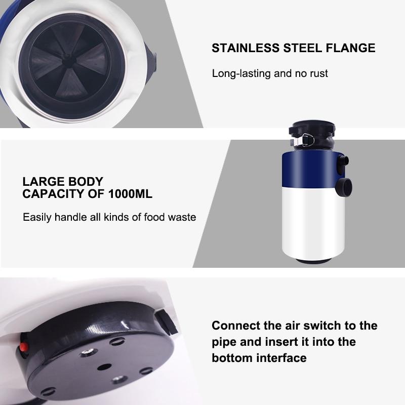 220V Household Food Waste Disposers with Air Switch Kitchen Garbage Disposal 1000ml Food Crusher Stainless Steel Grinder 560W